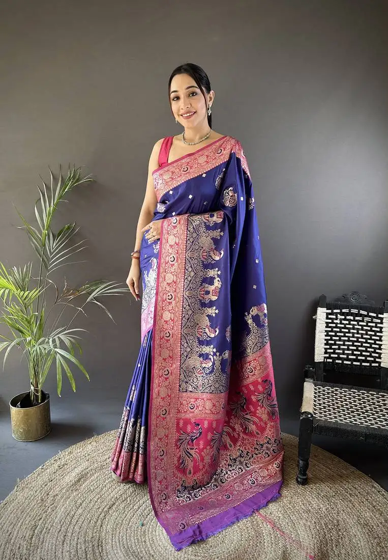 Royal blue soft silk blend meenakari peacock zari weaving work paithani saree