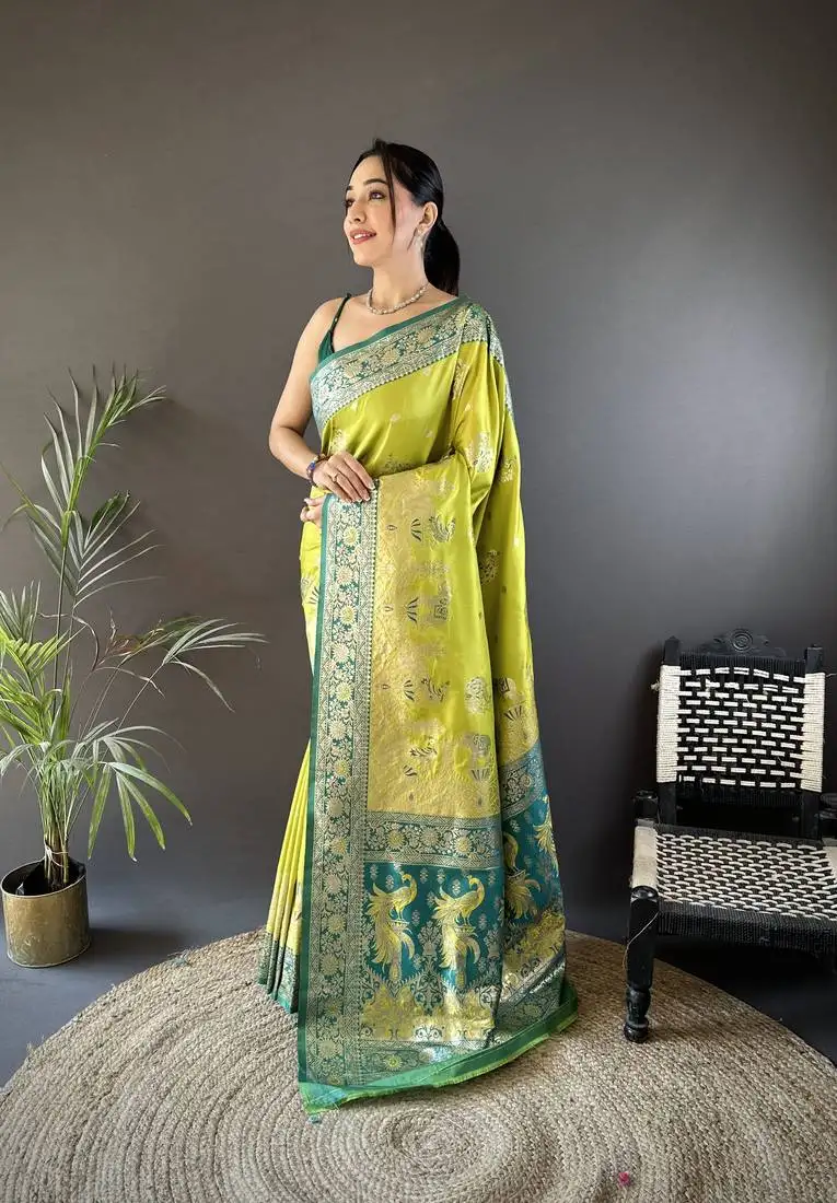 Light green soft silk blend meenakari picock zari weaving work paithani saree