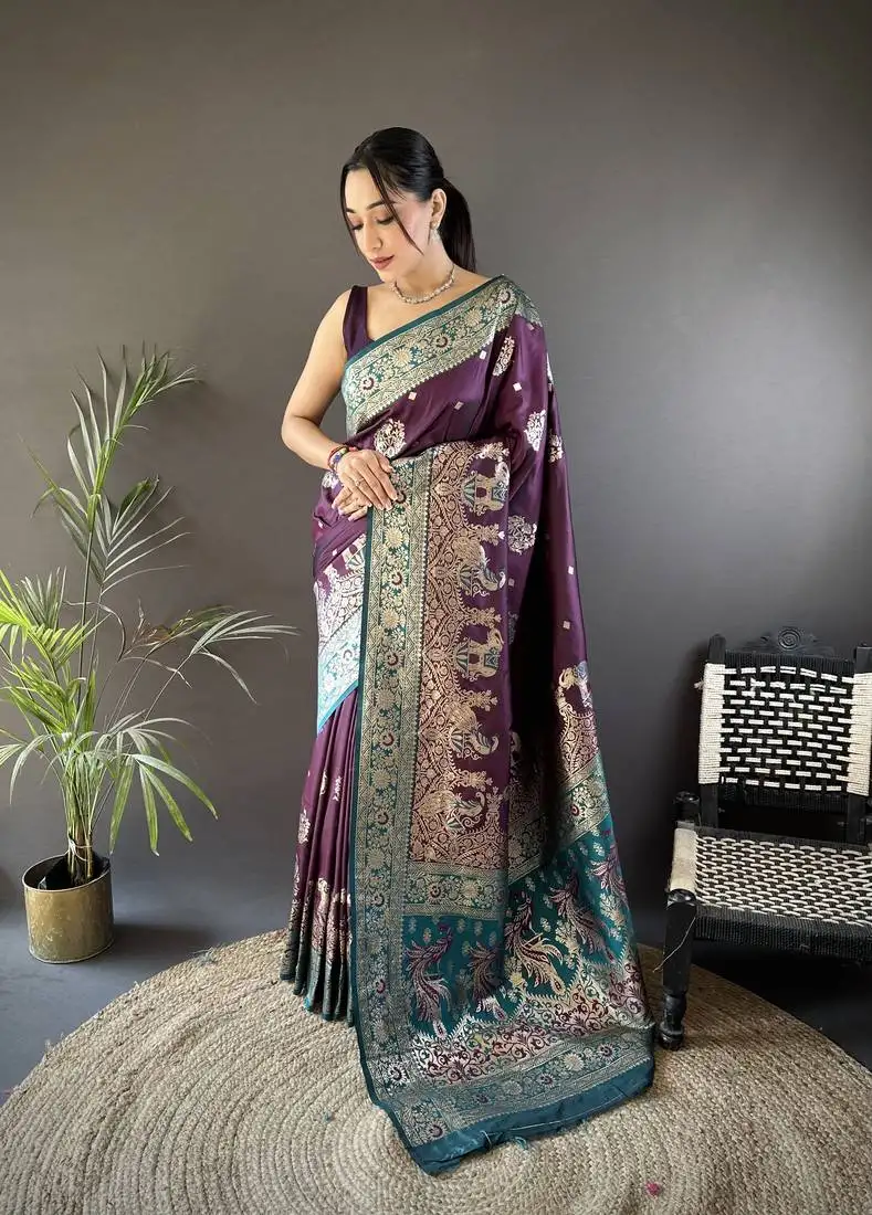 Purple soft silk blend meenakari peacock zari weaving work paithani saree