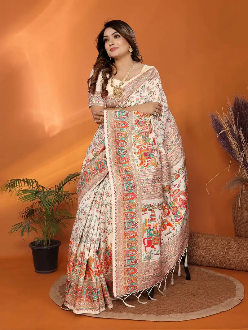 Off white soft silk blend meenakari weaving work pashmina saree