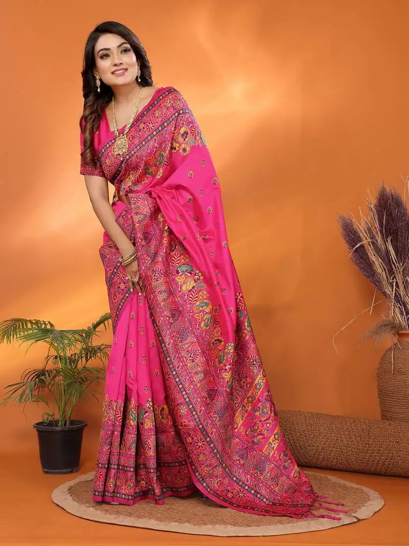 Rani pink soft silk blend meenakari weaving work pashmina saree