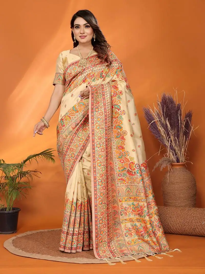 Beige soft silk blend meenakari weaving work pashmina saree