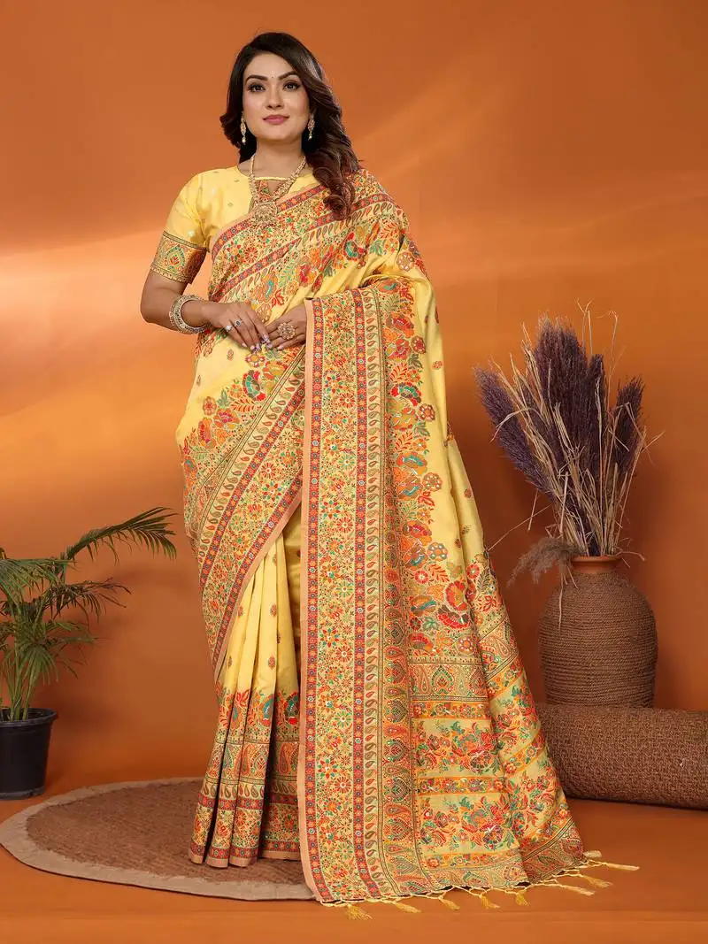 Yellow soft silk blend meenakari weaving work pashmina saree