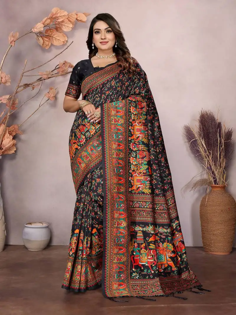 Black soft silk blend meenakari weaving work pashmina saree
