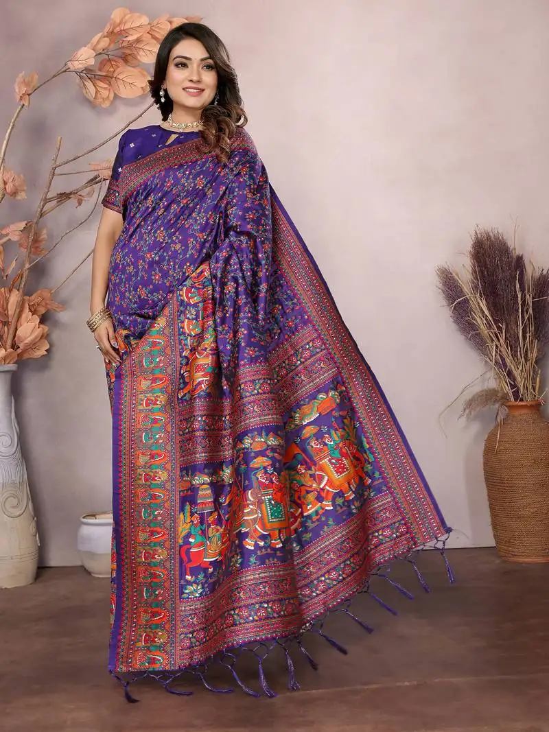 Purple soft silk blend meenakari weaving work pashmina saree