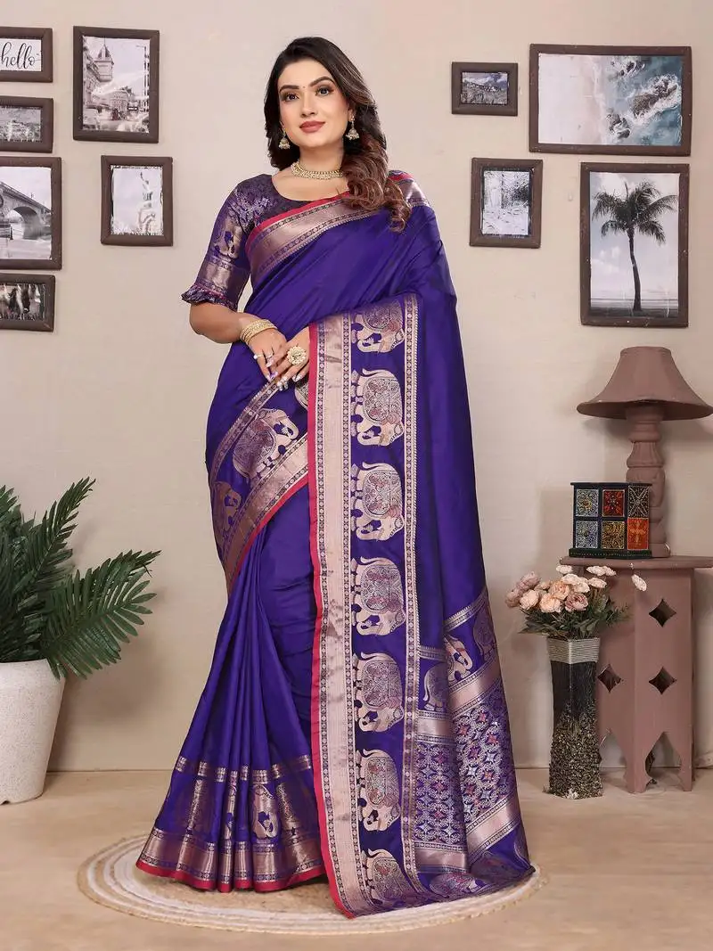 Royal blue soft silk blend solid self jacquard weaving banarasi saree