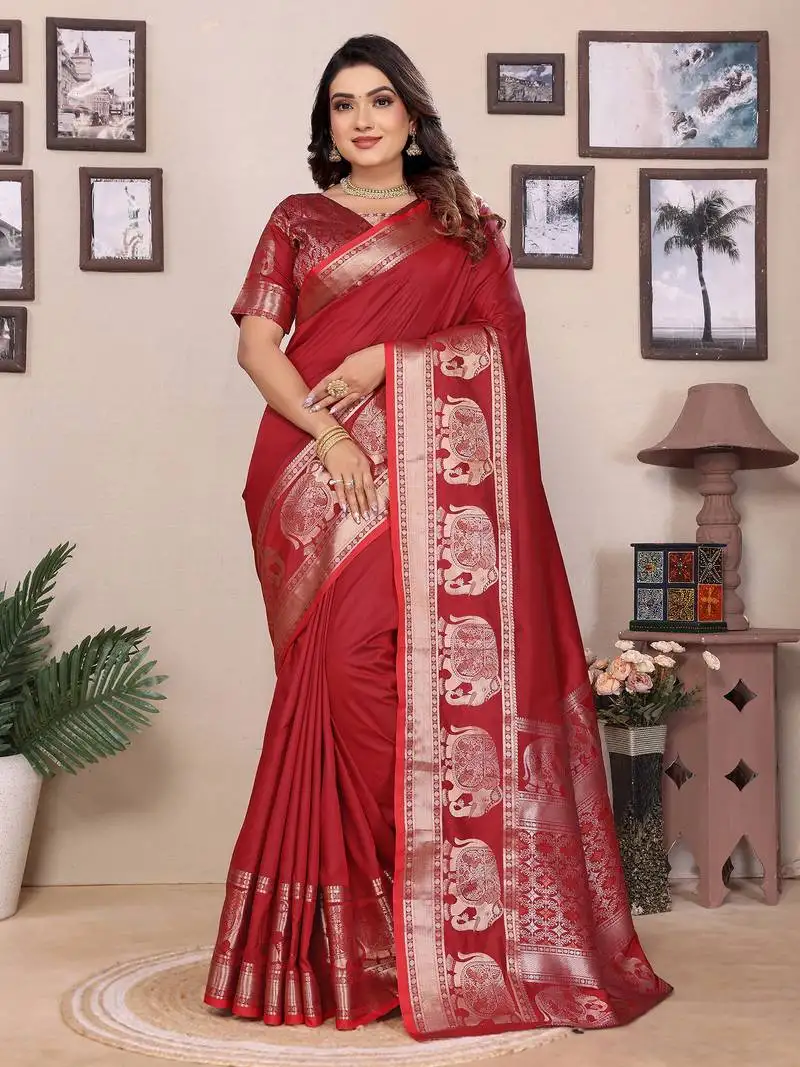 Red soft silk blend solid self jacquard weaving banarasi saree