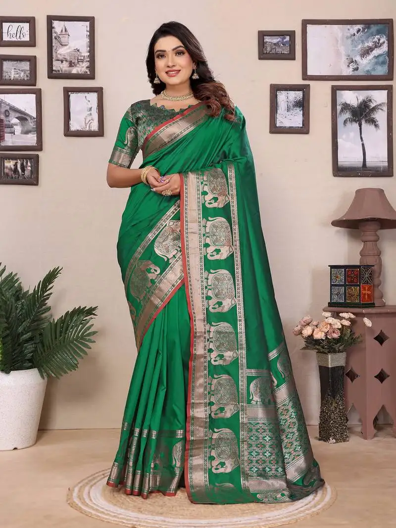 Green soft silk blend solid self jacquard weaving banarasi saree