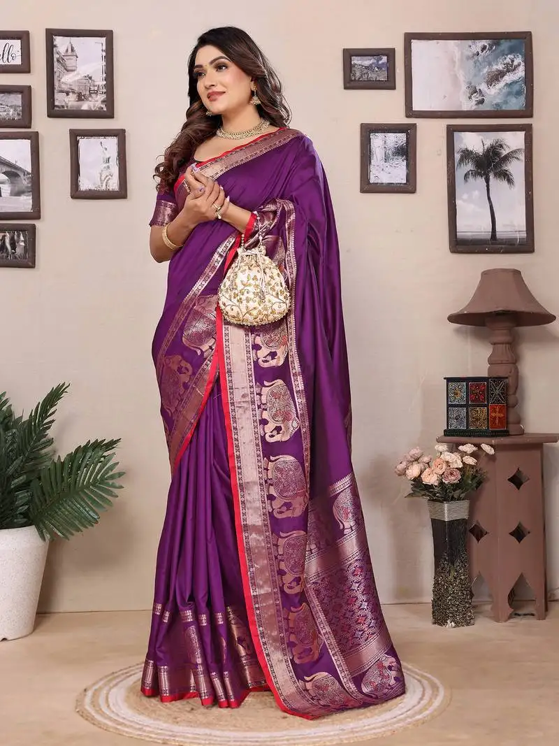 Purple soft silk blend blend self jacquard weaving banarasi saree