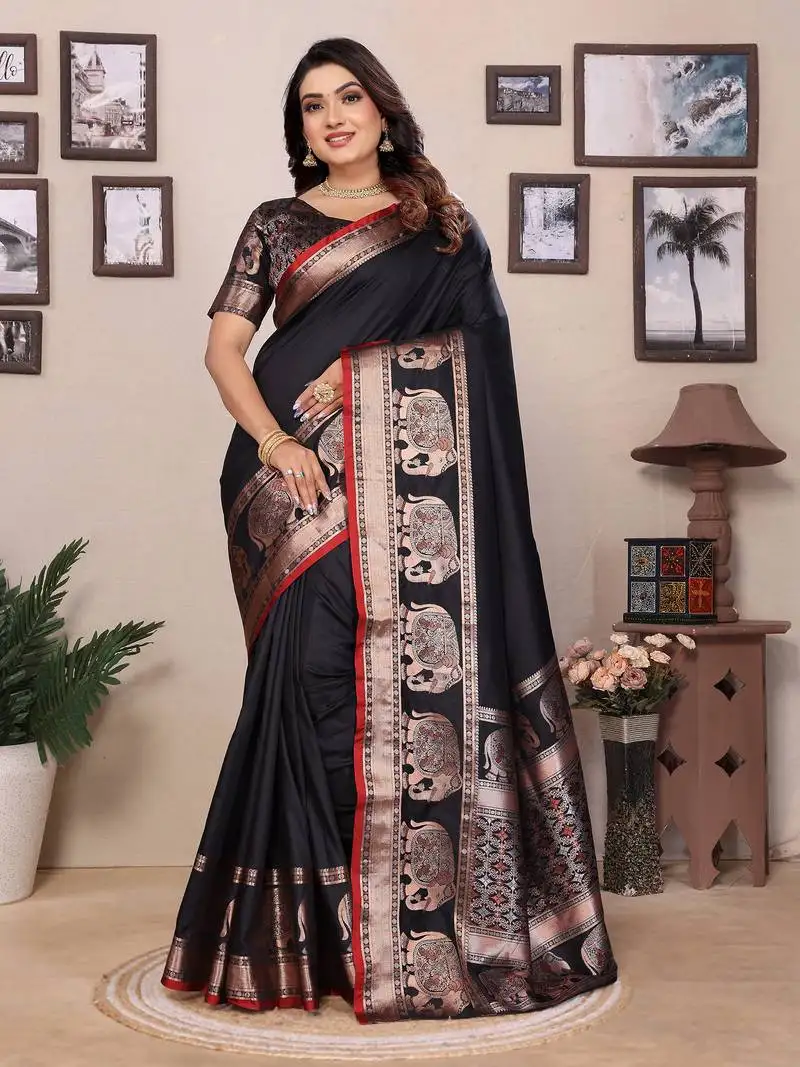 Black soft silk blend solid self jacquard weaving banarasi saree