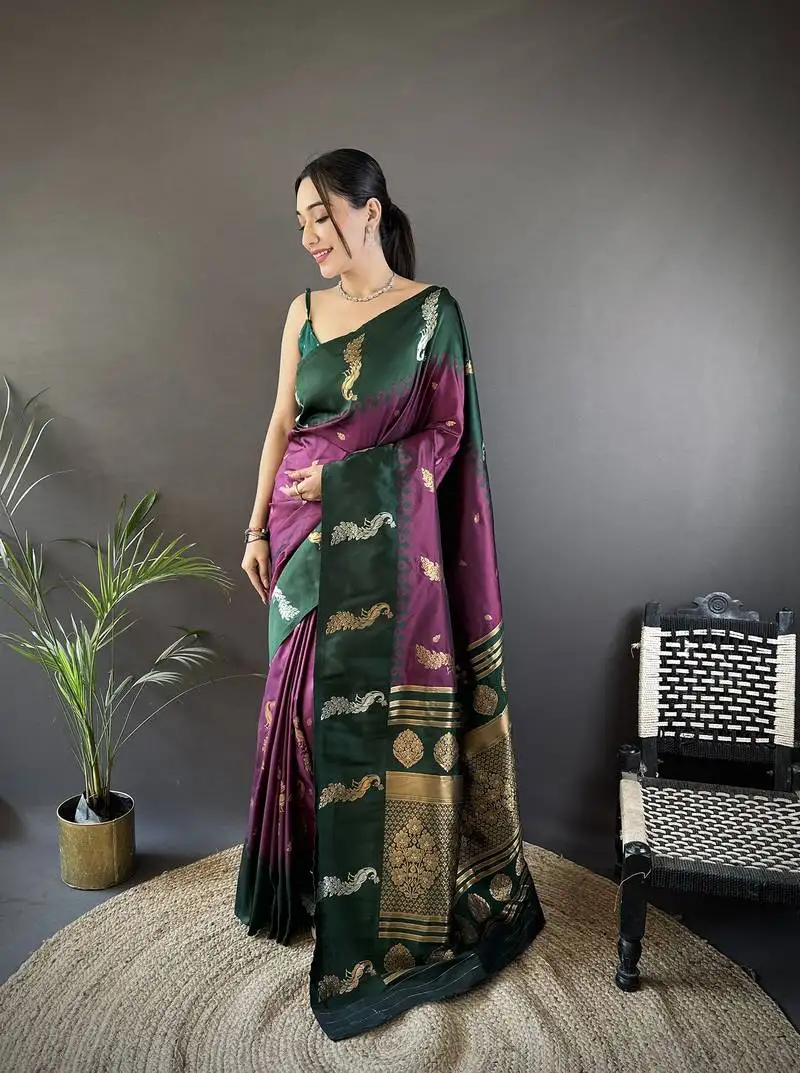 Plum soft silk blend butti zari weaving banarasi saree