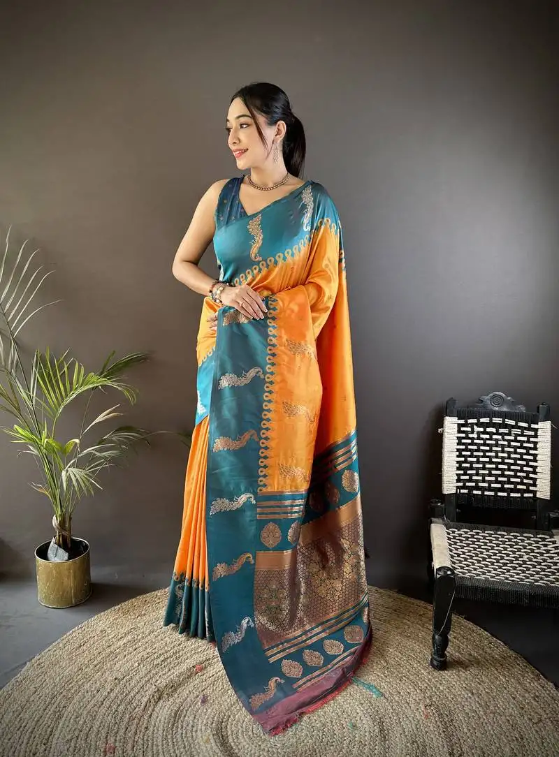 Orange soft silk blend butti zari weaving banarasi saree