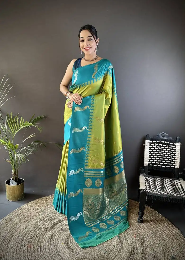 Green soft silk blend butti zari weaving banarasi saree