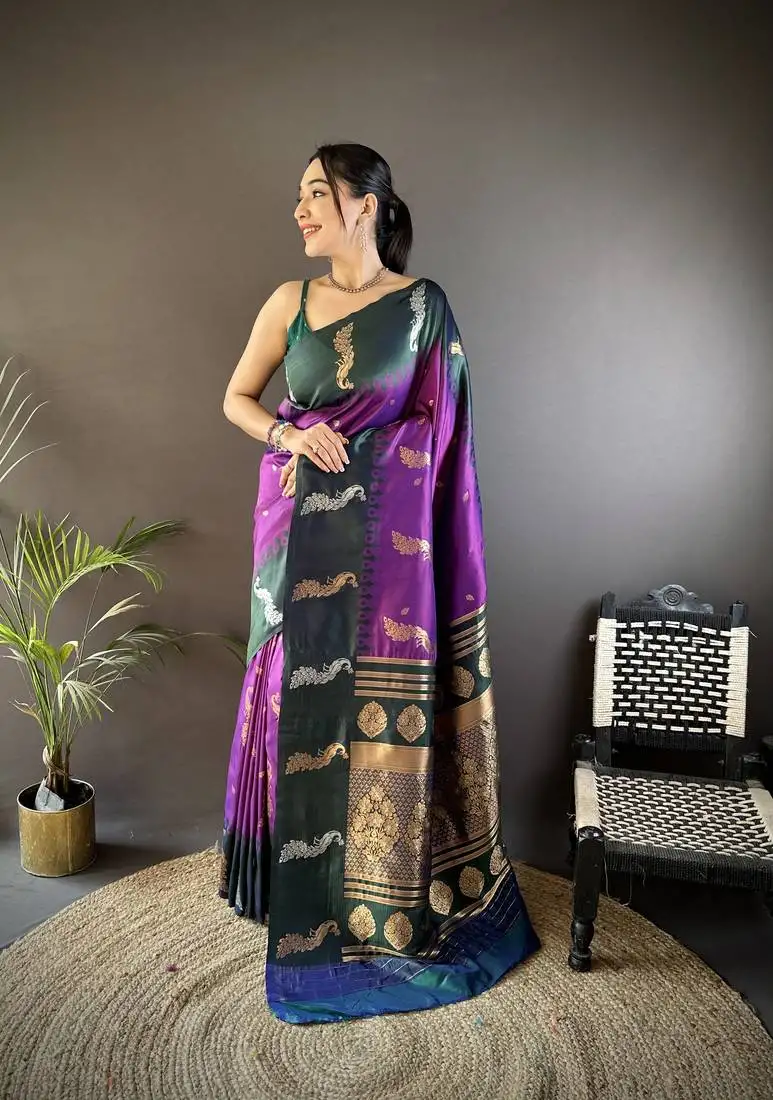 Purple soft silk blend butti zari weaving banarasi saree