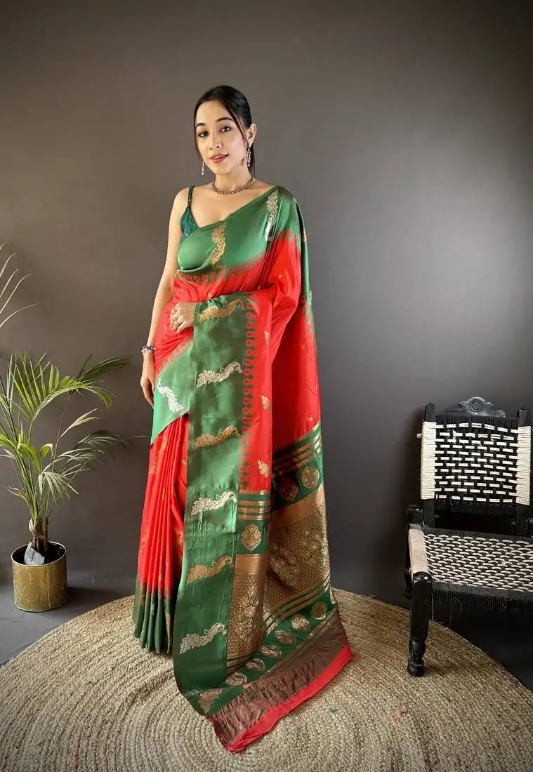 Red soft silk blend butti zari weaving banarasi saree