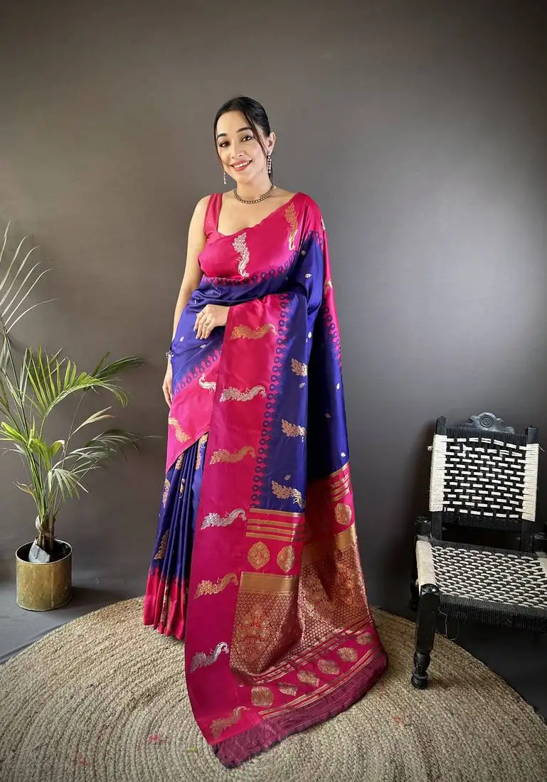 Royal blue soft silk blend butti zari weaving banarasi saree