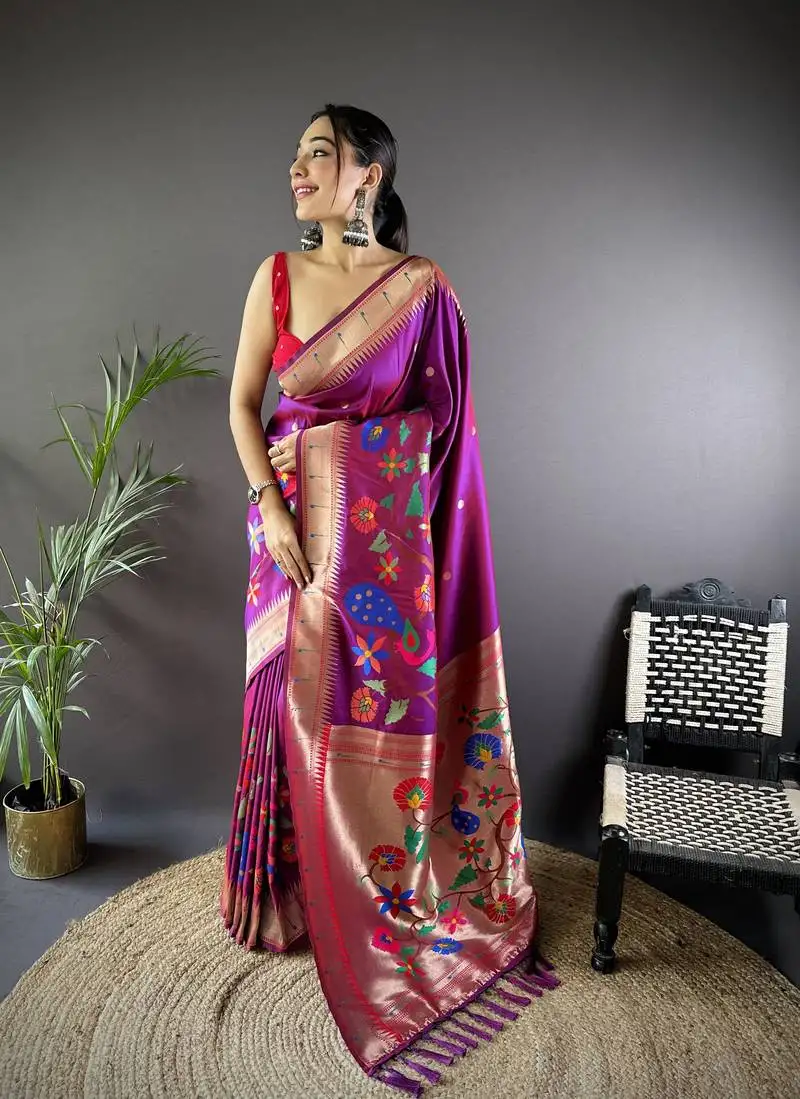 Magenta soft silk blend motifs mina zari weaving paithani saree
