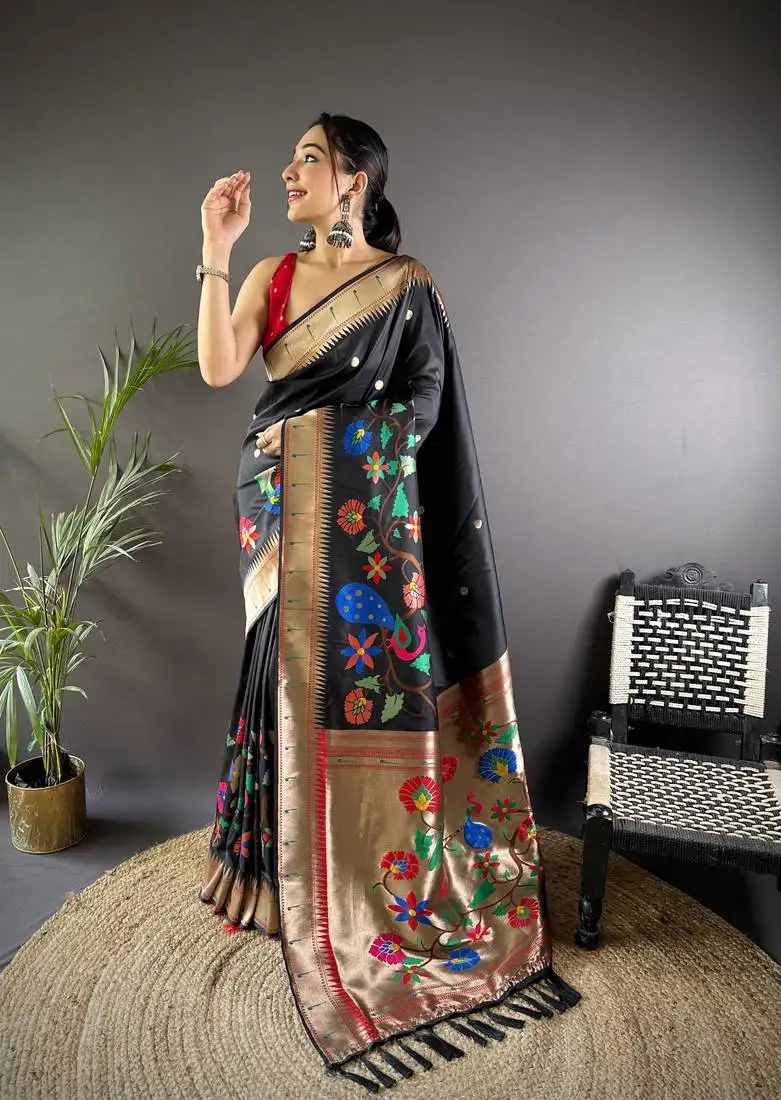Black soft silk blend motifs mina zari weaving paithani saree