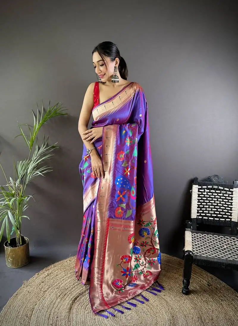 Purple soft silk blend motifs mina zari weaving paithani saree