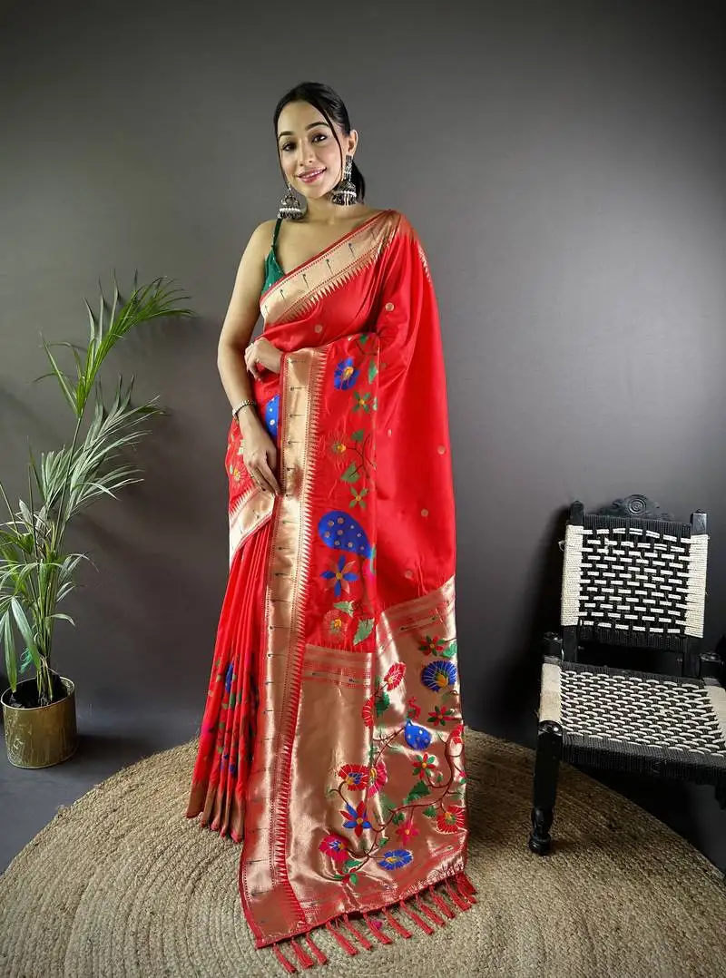 Red soft silk blend motifs mina zari weaving paithani saree