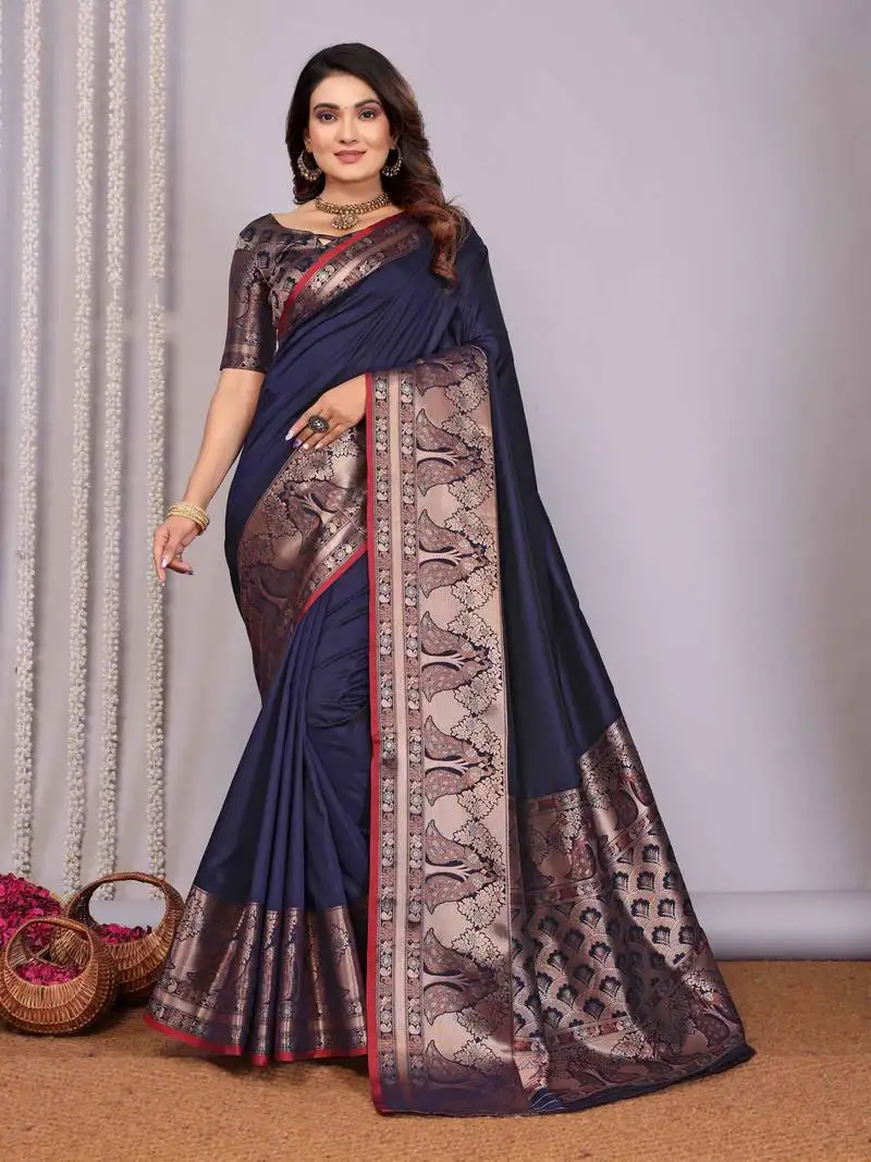 Navy blue soft silk blend banarasi with peacock zari jacquard weaving border saree