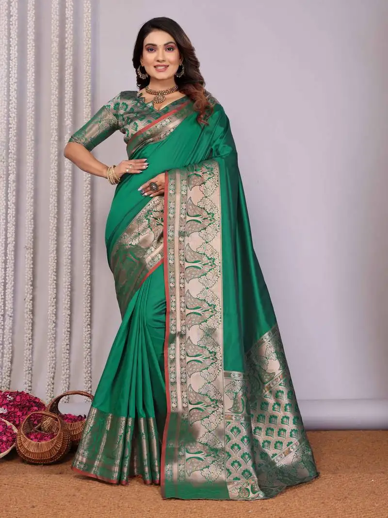 Green soft silk blend banarasi with peacock zari jacquard weaving border saree