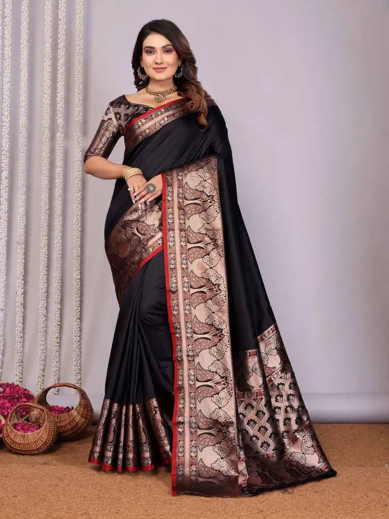 Black soft silk blend banarasi with peacock zari jacquard weaving border saree