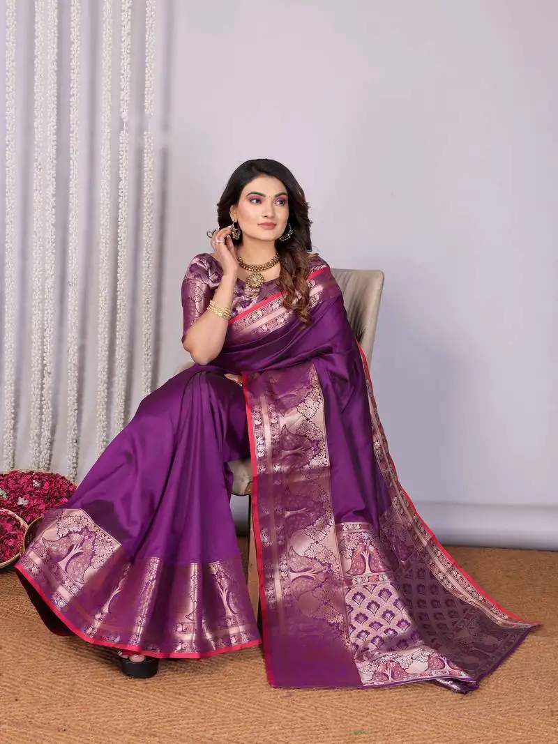 Magenta soft silk blend banarasi with peacock zari jacquard weaving border saree