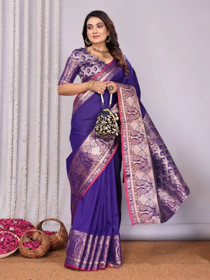 Purple soft silk blend banarasi with peacock zari jacquard weaving border saree