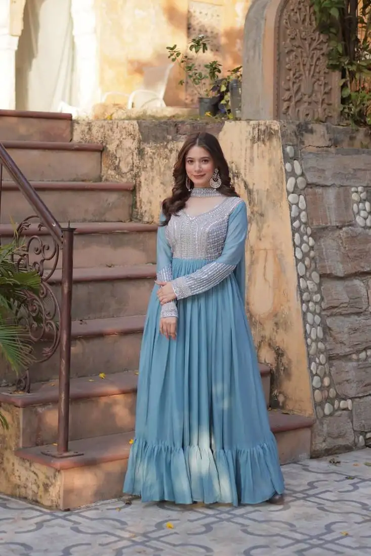 Skyblue star georgette with embroidery beads sequins-work gown with dupatta