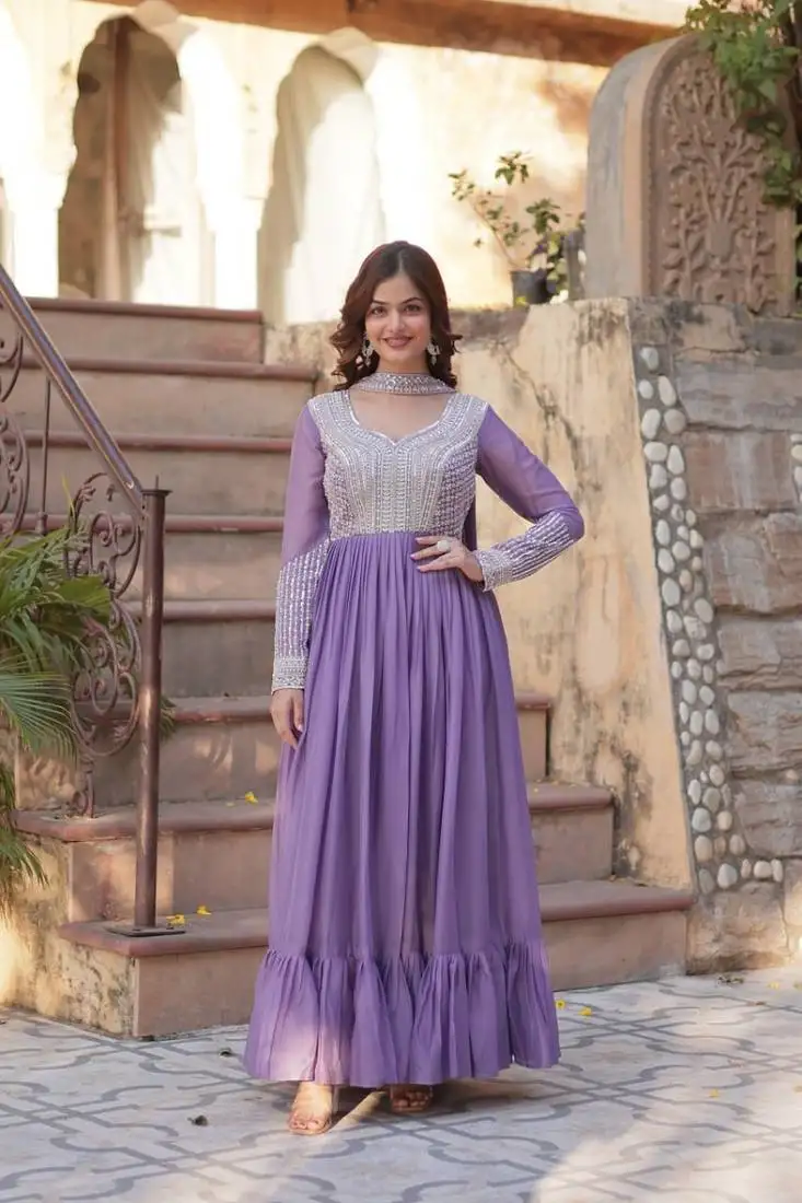 Lavender star georgette with embroidery beads sequins-work gown with dupatta
