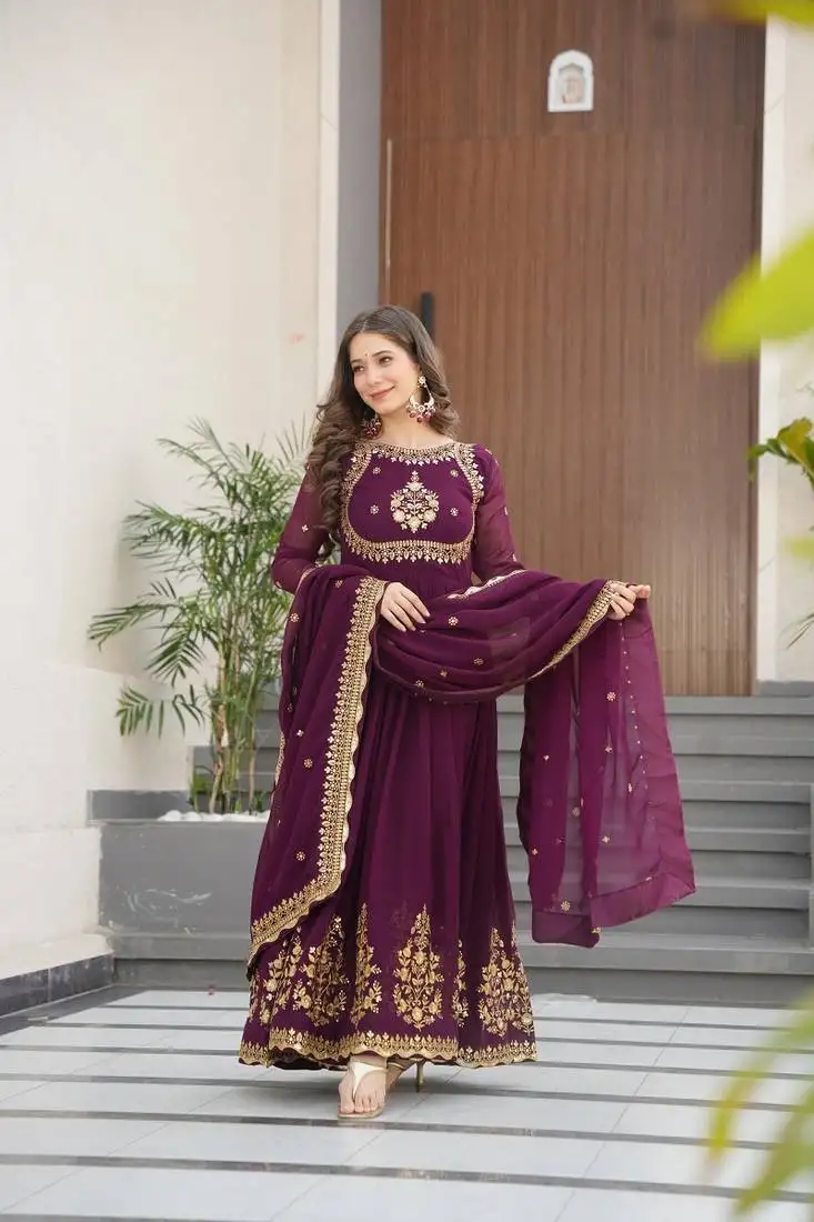 Wine faux blooming georgette with zari thread & sequins embroidery gown with dupatta
