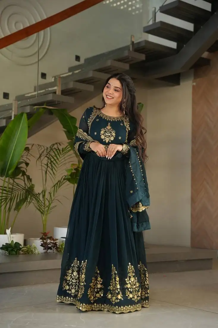 Teal faux blooming georgette with zari thread & sequins embroidery gown with dupatta