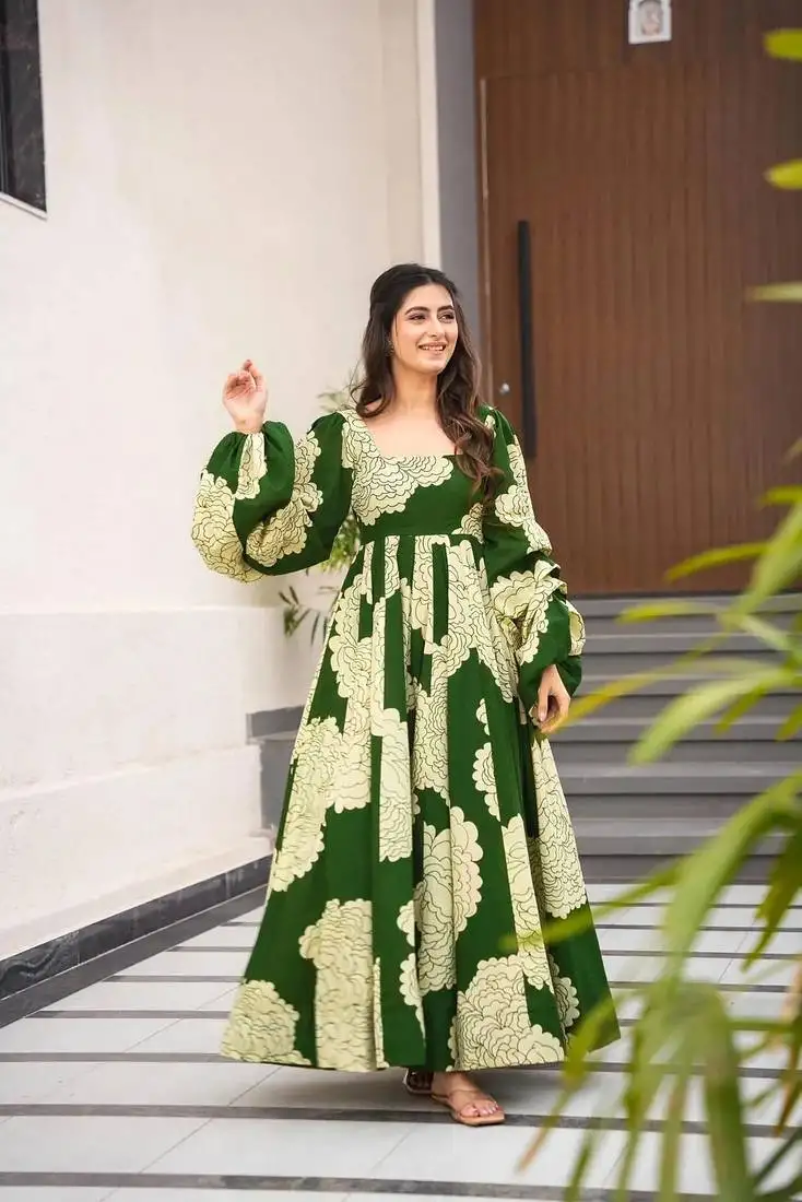 Green girlie partywear designer printed gown for trendy looks