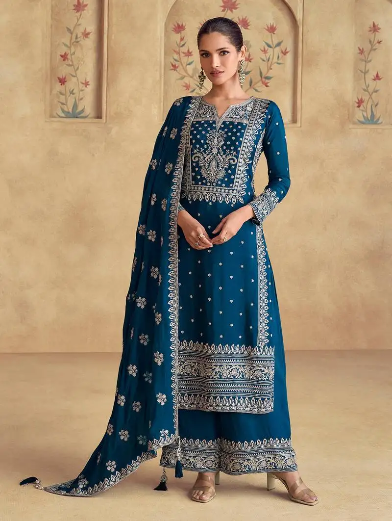 Blue embroidery sequence work chinon palazzo suits ( full-stitched free size )