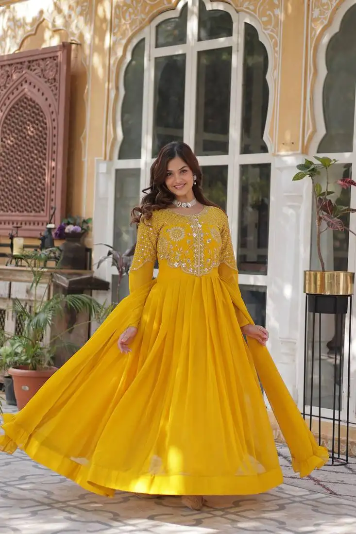Yellow designer embroidery work faux georgette ethnic wedding wear gown with dupatta