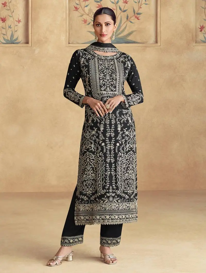 Black embroidery sequence work chinon salwar kameez ( full-stitched free size )