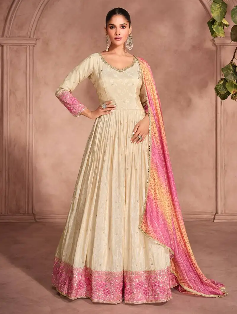 Cream & pink embroidery sequence zari work viscose simar jacquard anarkali suits ( full-stitched free size )