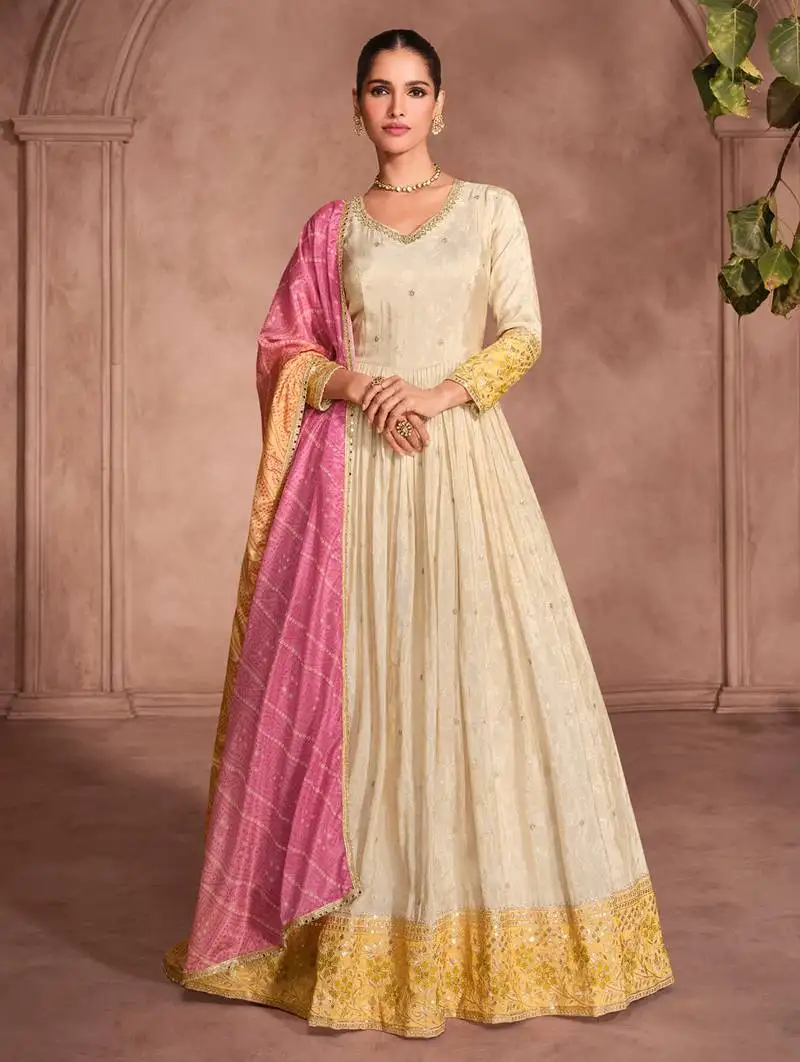 Cream & yellow embroidery sequence zari work viscose simar jacquard anarkali suits ( full-stitched free size )