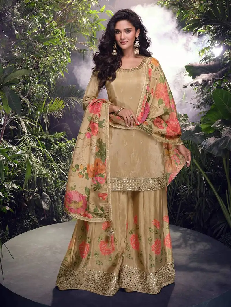 Chiku embroidery zari sequence mirror work chinon palazzo suits ( full-stitched free size )