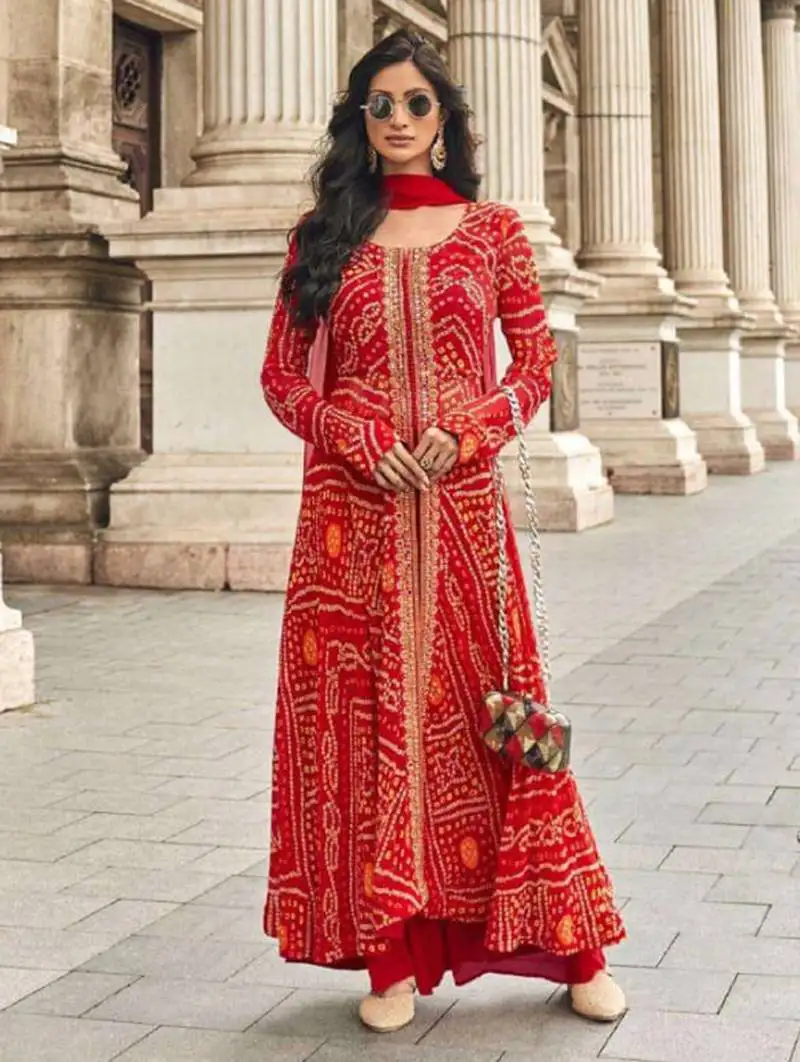 Red embroidery & mirror sequence work georgette palazzo suits ( full-stitched free size )