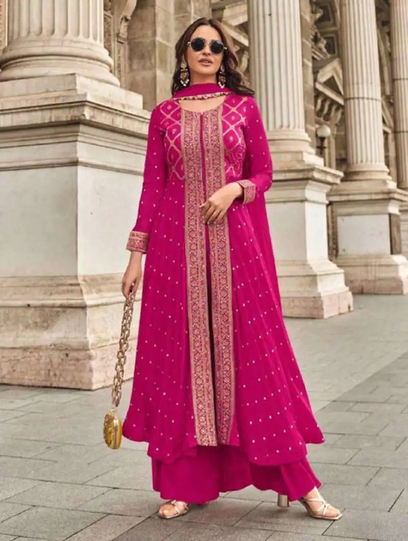 Pink embroidery & mirror sequence work muslin jacquard palazzo suits ( full-stitched free size )
