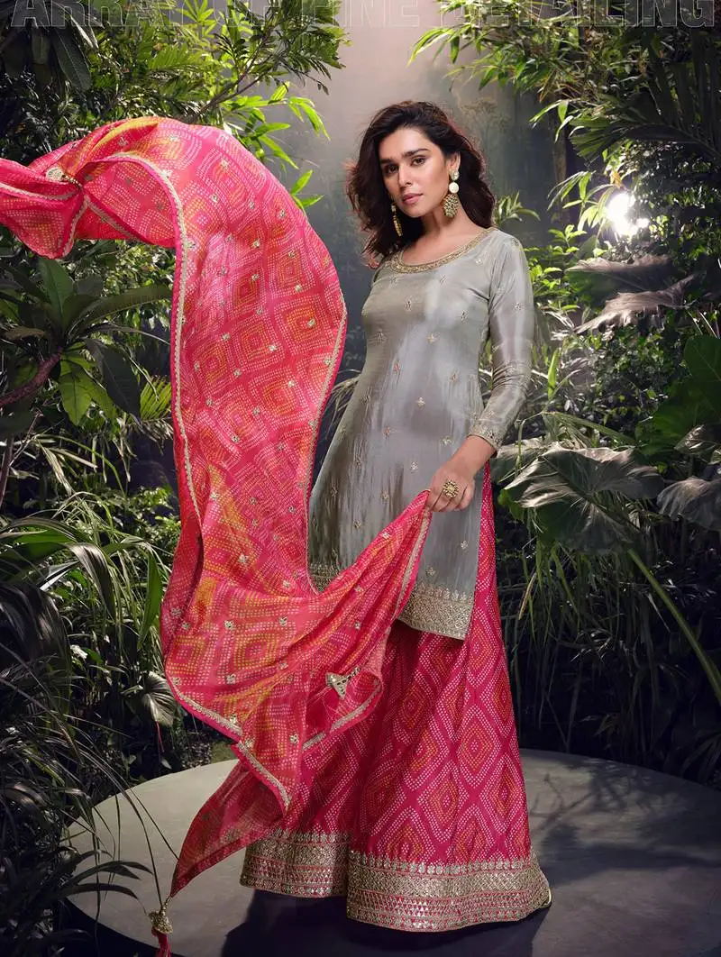 Grey pink embroidery & sequence work simar palazzo suits ( full-stitched free size )