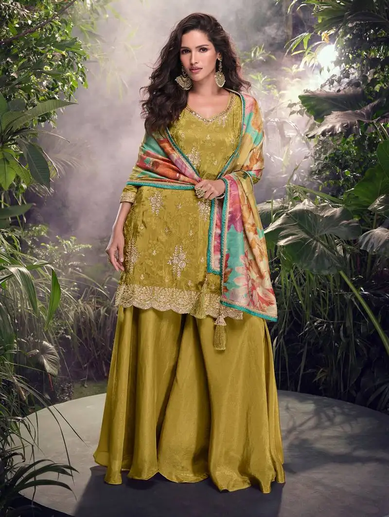 Mustard mehndi embroidery & sequence work simar palazzo suits ( full-stitched free size )