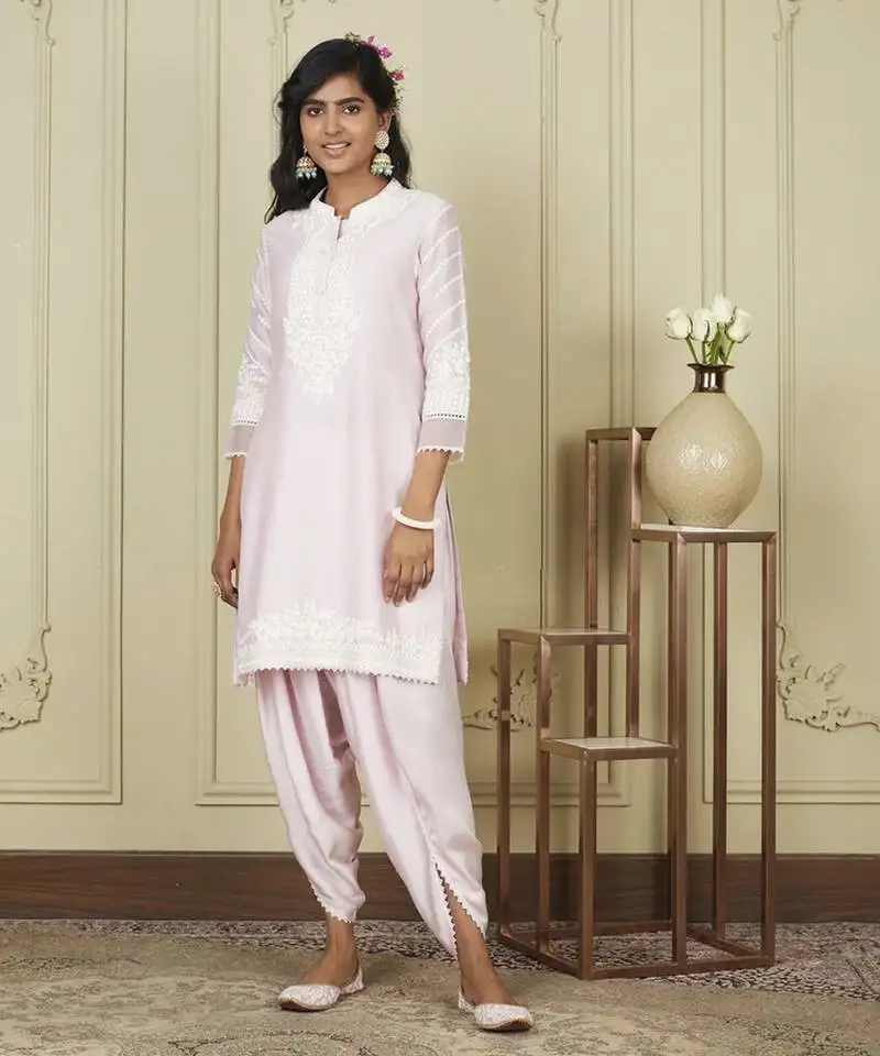 Ayika pearl blush short kurta with dhoti set