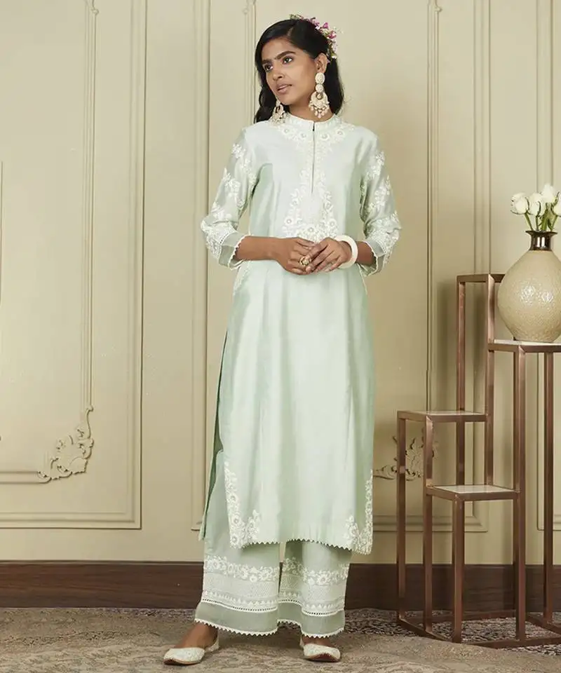 Banafsha frosty green long kurta with palazzo set