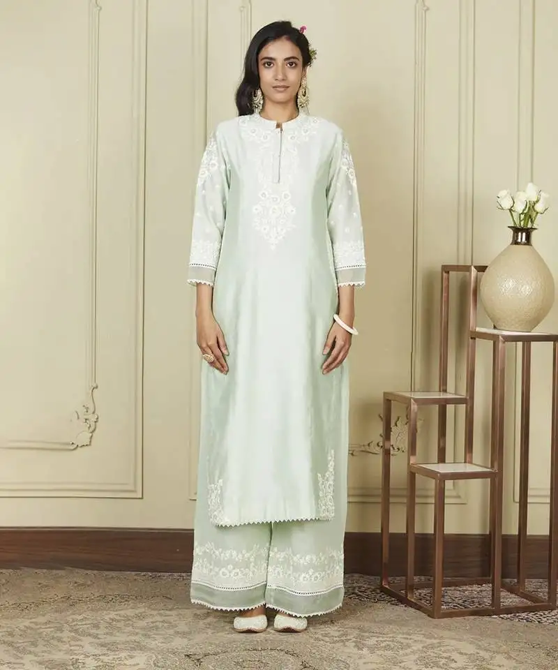 Bahareh frosty green long kurta with palazzo set