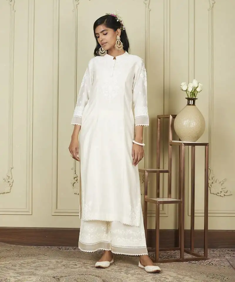Bahareh daisy ivory long kurta with palazzo set