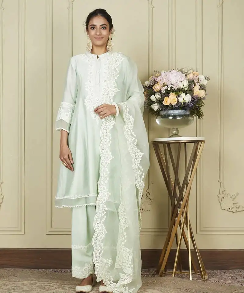 Ryhana frosty green a-line short kurta with salwar and dupatta set