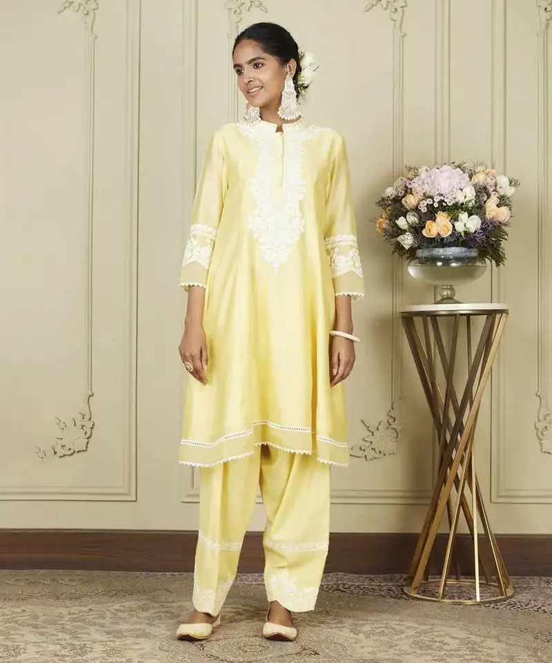 Ryhana lemon yellow a-line short kurta with salwar and dupatta set